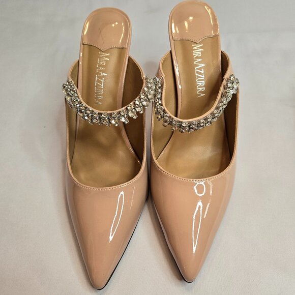 MIRAAZZURRA Women Rhinestone Strappy Pointed Toe Stiletto Sz 7.5 Nude - Picture 3 of 9